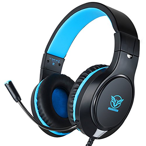 Product Cover Gaming Headset for Xbox One, PS4,Nintendo Switch Bass Surround and Noise Cancelling with Flexible Mic, 3.5mm Wired Adjustable Over-Ear Headphones for Laptop PC iPad Smartphones (Blue-Black)