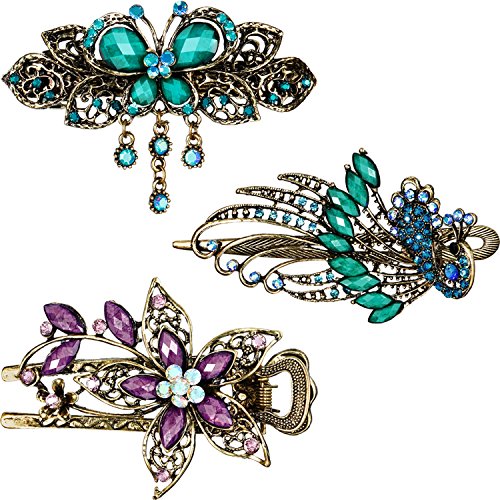 Product Cover 3 Pieces Women Hair Clips Hairpins Retro Vintage Metal French Barrette Jewelry, Purple Flower Green Butterfly Green Peacock (Style A)