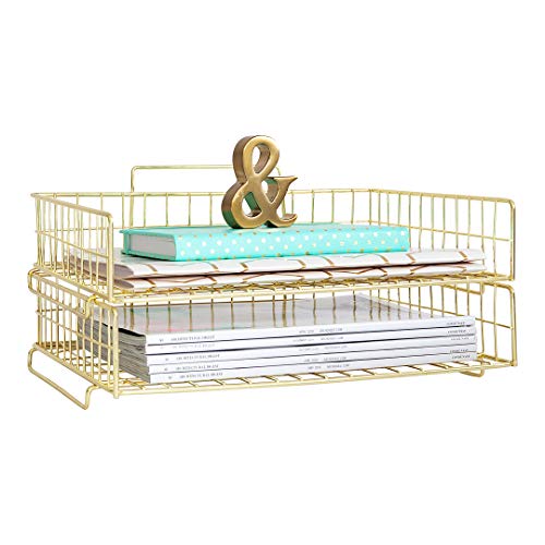 Product Cover Blu Monaco Gold Desk Organizer Stackable Paper Tray Set of 2 - Metal Wire Two Tier Tray - Stackable Letter Tray - Inbox Tray for Desk