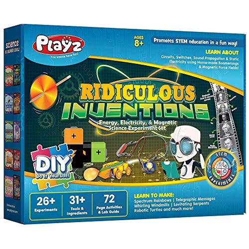 Product Cover Playz Ridiculous Inventions Science Kits for Kids - Energy, Electricity & Magnetic Experiments Set - Build Electric Circuits, Motors, Telegraphic Messages, Robotics, Compasses, Switches, and much more
