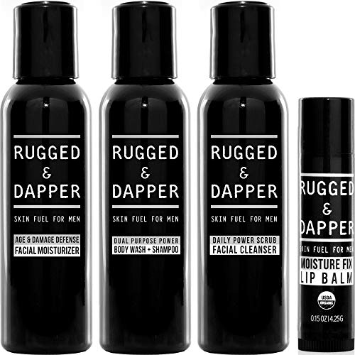 Product Cover RUGGED & DAPPER Core Regimen Travel Kit, Includes Age Defense Facial Moisturizer, Daily Scrub Face Wash, Body Wash plus Shampoo and Organic Lip Balm