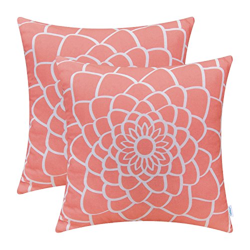 Product Cover CaliTime Pack of 2 Soft Canvas Throw Pillow Covers Cases for Couch Sofa Home Decor Dahlia Floral Outline Both Sides Print 18 X 18 Inches Coral Pink