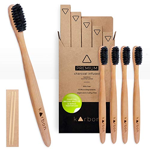 Product Cover Karbon Charcoal Infused Bamboo Toothbrushes (5 Pack) W/Bamboo Toothpicks Soft Bristles Biodegradable BPA Free
