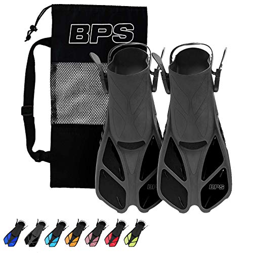 Product Cover BPS Short Blade Swim Fins - with Adjustable Strap and Open-Toe, Open-Heel Design - for Swimming, Diving, Snorkeling, Scuba Diving - for Kids and Adults - Comes with Carry Bag (Black - S/M)