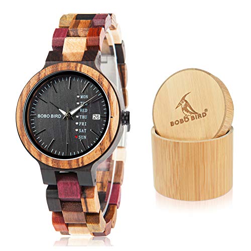Product Cover BOBO BIRD Women Wood Watches Colorful Wood WristWatches Week & Date Display Multifunction Handmade Quartz Watch Sport Chronograph Unique Wristwatch