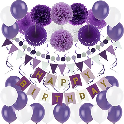 Product Cover Zerodeco Birthday Decoration Set, Happy Birthday Banner Bunting with 4 Paper Fans Tissue 6 Paper Pom Poms Flower 10 Hanging Swirl and 20 Balloon for Birthday Party Decorations - Purple Lavender White