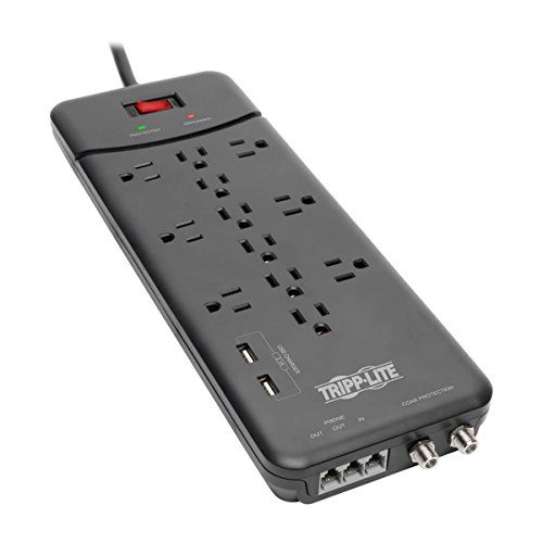 Product Cover Tripp Lite 12  Outlet Surge Protector Power Strip, 2 USB Charging Ports, Tel/Modem/Coax Protection, 8ft Cord Right Angle Plug, Black, Lifetime Insurance & $150K Insurance (TLP128TTUSBB)