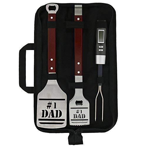 Product Cover Panoware BBQ Grill Tools Set Gift for Dad, 4 Piece Set, Number 1 Dad Tongs, Spatula, Digital Thermometer and Case