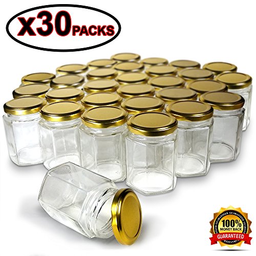 Product Cover Hexagon Jars Gold Lid (30pcs 6.0 oz) Hexagon Glass Jars with 30pcs Gold Plastisol Lined Lids for Jam Honey Jelly Wedding Favors Baby Shower Favors Baby Food DIY Magnetic Spice Jars Crafts Canning Jar