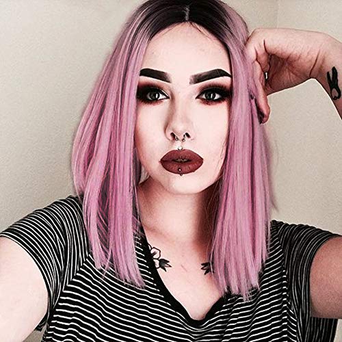 Product Cover WIGER Ombre Wig Black to Pink Wig Short Straight Bob Cut Wig Middle Part Synthetic Cosplay Daily Party Pink Wigs for Women Girls