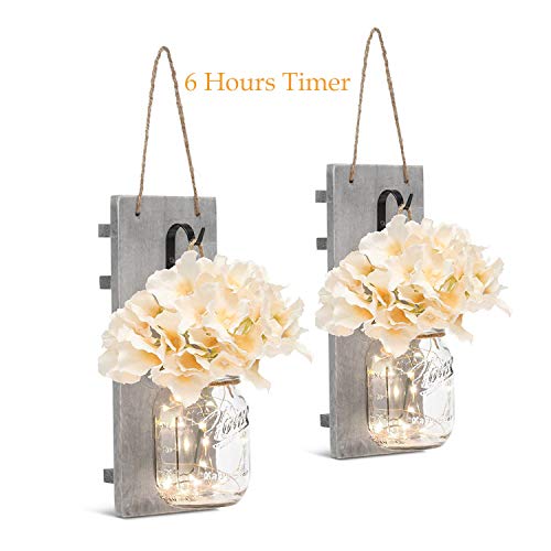Product Cover Mason Jar Sconces with LED - Fairy Lights,Vintage Wrought Iron Hooks, Silk Hydrangea Flower and LED Strip Lights Design for Home Kitchen Decoration Set of 2