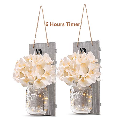 Product Cover GBtroo Rustic Wall Sconces - Mason Jars Sconce, Rustic Home Decor,Wrought Iron Hooks, Silk Hydrangea and LED Strip Lights Design 6 Hour Timer Home Decoration (Set of 2)