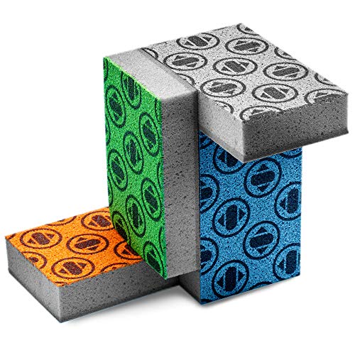 Product Cover Antimicrobial Sponge Set of 4, Non-Abrasive Scouring Pad w/ Fading Monogram, Antibacterial Sponge Replacement Tech. Modern Kitchen Sponges w/ Smell Resistant & Bacteria Resistant Polyurethane Foam