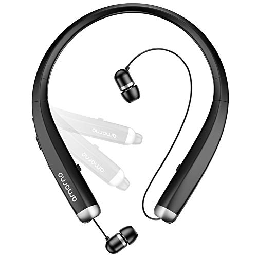 Product Cover Bluetooth Headphones, AMORNO Foldable Wireless Neckband Headset with Retractable Earbuds, Sports Sweatproof Noise Cancelling Stereo Earphones with Mic