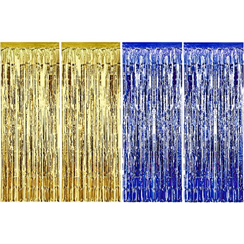 Product Cover Sumind 4 Pack Foil Curtains Metallic Fringe Curtains Shimmer Curtain for Birthday Wedding Party Christmas Decorations (Blue and Gold)