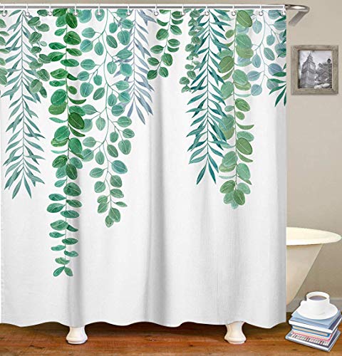 Product Cover LIVILAN Green Leaf Shower Curtain Set with 12 Hooks, Decorative Bath Curtain Waterproof Fabric Bathroom Curtain, 72