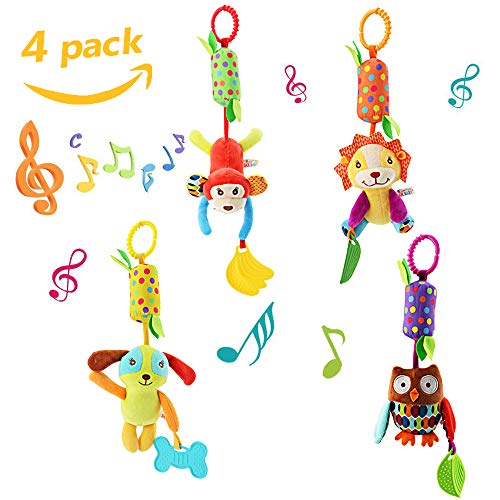 Product Cover Baby Hanging Rattle Toys, 4 Pieces Newborn Car Crib Hanging Bell，Baby Soft Hanging Rattle Crinkle Squeaky Toy,Infant Animal Wind Chime with Teethers for Toddlers/Baby Girls/Baby Boys