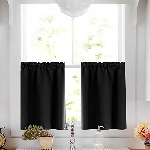 Product Cover Lazzzy Blackout Small Thermal Insulated Window Black Tier Curtains Tier Curtain Set Rod Pocket Valance Curtains Drapes Tier Curtain and Valance 34W by 24L Inches Black 2 Pieces