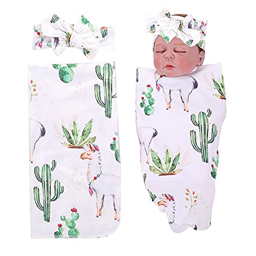 Product Cover PROBABY Newborn Baby Swaddle Blanket Cactus & Llama Print Blanket with Headband Receiving Blankets for Coming Home Gift (One Size, A)