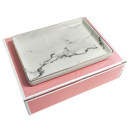 Product Cover Simple Shine Jewelry Dish Tray | Marble Pattern Ceramic Dish Key Plate Holder or Key Tray Gold Edge | Wrapped in Decorative Gift Box