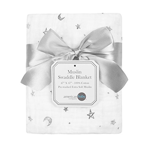 Product Cover American Baby Company 100% Natural Cotton Muslin Swaddle Blanket, Gray Stars/Moon, 47