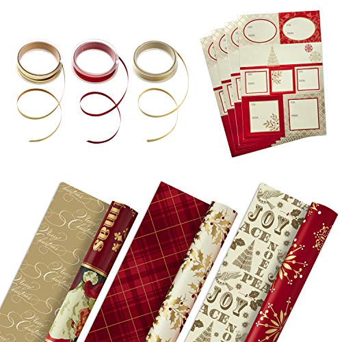 Product Cover Hallmark Reversible Christmas Wrapping Paper Set with Ribbon and Gift Tag Stickers (Traditional Red and Gold, 3 Rolls of Wrapping Paper and Ribbon)