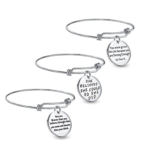 Product Cover Wanmei 3pcs Wire Bangle Stainless Steel Expendable Charm Bracelet, Engraved Message Motivational Inspirational Words Round Charm Pendant Adjustable Bracelet Set, Best Gift for Women