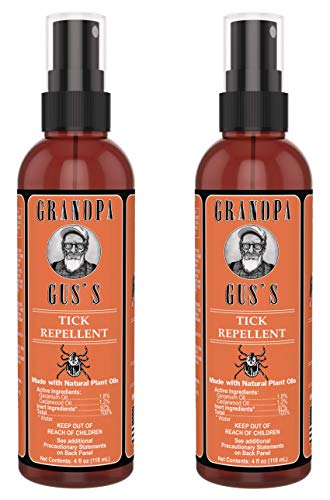 Product Cover Grandpa Gus's All-Natural Tick Repellent Made With Geraniol/Cedarwood Oils, Safe To Spray On Humans and Pets, No Burn/Skin Irritations, Citrus Smell Lasts For Hours, 4oz Traveling Bottles (Pack of 2)