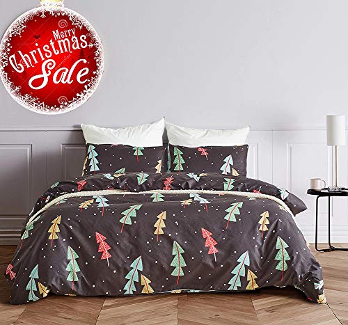 Product Cover Fire Kirin Soft Duvet Cover Sets 3PC (1 Duvet Cover + 2 Pillowcases) Christmas Tree and Snow Printed Bedding Set for Boys Girls Women Men (Black/King)