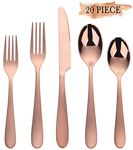 Product Cover Rose Gold Silverware Set, Stainless Steel Silverware Flatware 20-Piece Cutlery Set, Utensils Service for 4 Include Mirror Polished Knife/Fork/Spoon, Dishwasher Safe