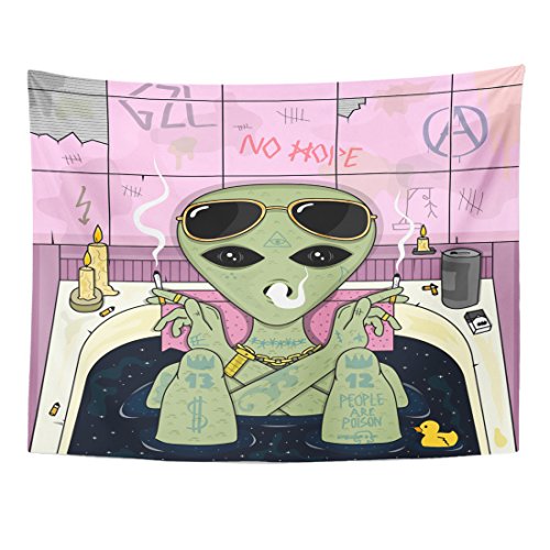 Product Cover Emvency Tapestry Trippy Alien Smoke and Chill in Bath Cigarette Glasses Home Decor Wall Hanging for Living Room Bedroom Dorm 60x80 Inches