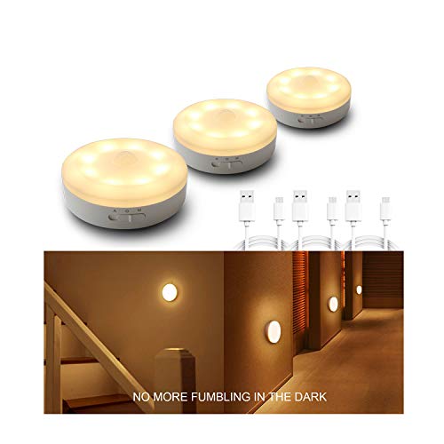 Product Cover Rechargeable Motion Sensor Light 1000mAH LED Puck Lights, Stick Anywhere Light, Cordless Closet Light, Automatic Under Cabinet Lighting for Counter,Pantry,Wardrobe,Hallway,Stairs,Warm White 3 Pack