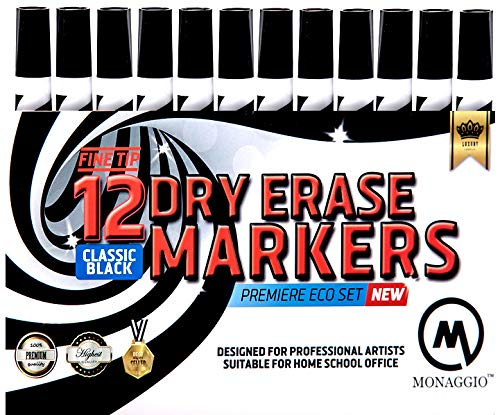 Product Cover ✮Excellent 12 Black Dry Erase Markers for Whiteboard ✮ Great Set for Kids, Adults in the Office and Classroom ✮ Amazing Big Pack Fine, Thin Point. Easily Washable from Board, Ultra, Long Lasting Color