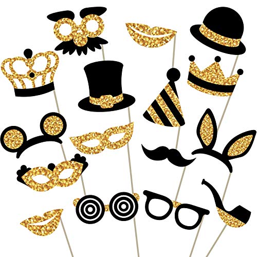 Product Cover Gold Photo Booth Props - Fully Assembled, No DIY Required - Mix of Hats, Lips, Mustaches, Crowns and More (16 pcs) - Durable and Vibrant - Perfect for Birthday Parties, Weddings and More