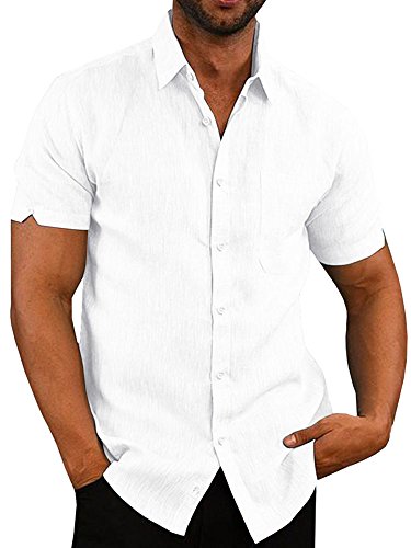 Product Cover Mens Button Down Shirts Casual Short Sleeve Linen Tops Cotton Lightweight Fishing Tees Spread Collar Plain Shirt