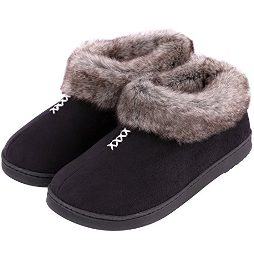 Product Cover Women's Cozy Memory Foam Slippers Fluffy Micro Suede Faux Fur Fleece Lined House Shoes with Non Skid Indoor Outdoor Sole (Medium / 8 B(M) US, Black)