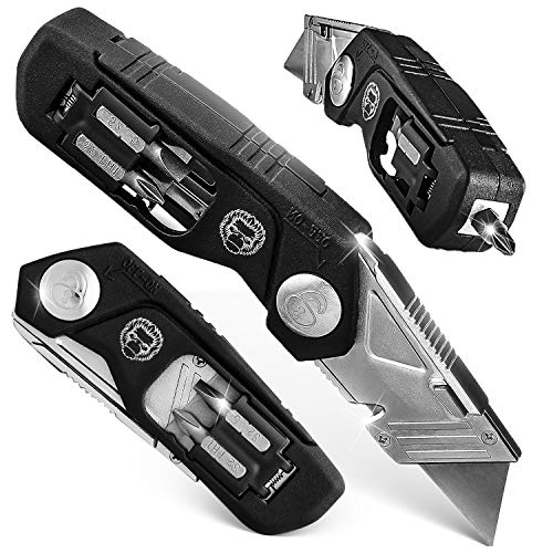 Product Cover Folding Utility Knife, Box Cutter W/Screwdriver & Bits Wire Stripper Tool, Quick Release Replaceable Blades & Safe Lock, Heavy Duty with Belt Clip, Easy Pocket Storage W/Refills