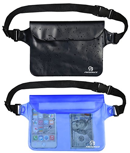 Product Cover Freegrace Premium Waterproof Pouch Set with Waist/Shoulder Strap - Best Way to Keep Your Phone and Valuables Dry and Safe - Perfect for Boating Swimming Snorkeling Kayaking (Black + Blue)