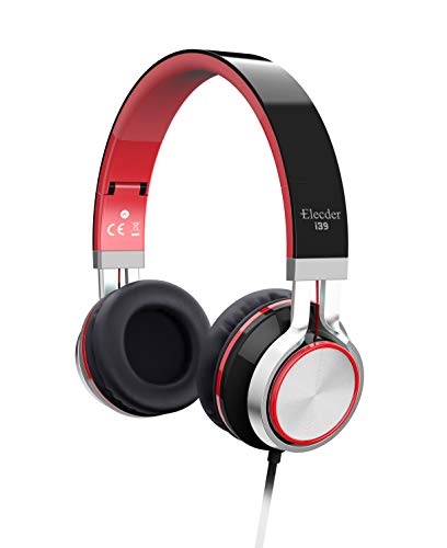 Product Cover Elecder i39 Headphones with Microphone Foldable Lightweight Adjustable On Ear Headsets with 3.5mm Jack for iPad Cellphones Computer MP3/4 Kindle Airplane School Red/Black
