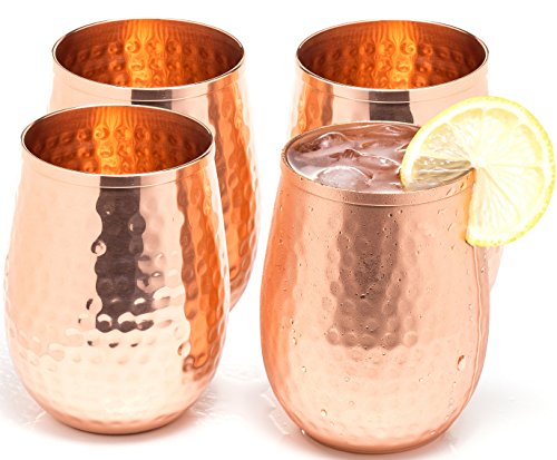 Product Cover Copper wine glasses set of 4 - 17oz gleaming 100% solid hammered copper stemless wine cups - a perfect gift set for men and women - great copper tumblers for red or white wine and Moscow mules.