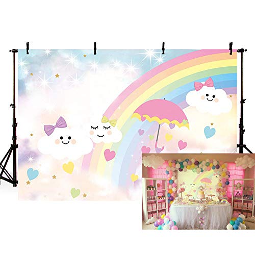 Product Cover MEHOFOTO Photo Background Cute Cartoon Rainbow White Cloud Sky Umbrella Princess Bow Love Girl Birthday Party Decoration Banner Backdrops for Photography 7x5ft