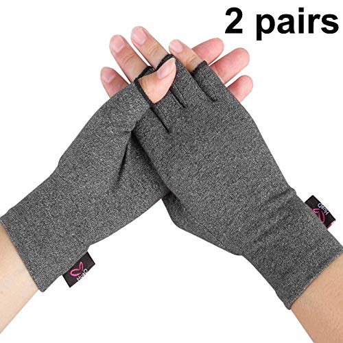 Product Cover Compression Arthritis Gloves, 2 Pairs Open Finger Hand Gloves for Women Men, Fingerless Design to Relieve Painfrom Rheumatoid and Osteoarthritis (Grey, Large)