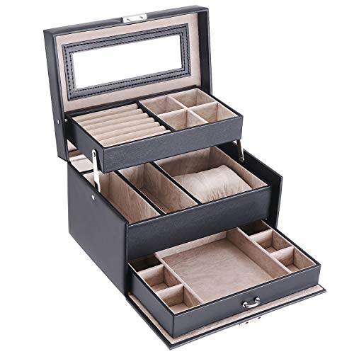 Product Cover BEWISHOME Girls Jewelry Box Jewelry Organizer with Lock 3 Layers Jewelry Display Storage Case Earring Ring Necklace Holder Organizer Portable Travel Case for Women Girls - Black Faux Leather SSH77B