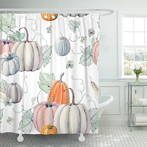 Product Cover Emvency Shower Curtain Fall Watercolor Pumpkins It is Perfect for Thanksgiving Halloween Design Recipe Harvest Waterproof Polyester Fabric 72 x 72 Inches Set with Hooks