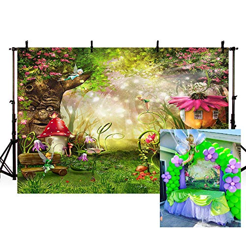 Product Cover MEHOFOTO Enchanted Forest Photo Background Fairy Tale Magic Big Tree Mushroom Princess Girl Birthday Party Decorations Banner Backdrops for Photography 7x5ft