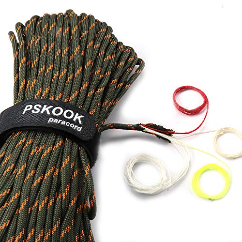Product Cover PSKOOK Survival Paracord Parachute Fire Cord Survival Ropes Red Tinder Cord PE Fishing Line Cotton Thread 7 Strands Outdoor 20, 25, 100 Feet (Army Green Camo, 100)