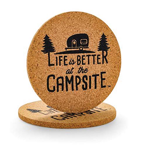 Product Cover Camco Life Is Better at The Campsite Cork Round Drink Coaster - Fun Retro RV Logo Design | Great for Rving, Camping, Outdoor Cooking and Grilling and More - 2 Pack (53229)
