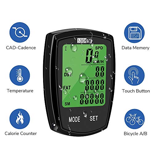 Product Cover SOON GO Bicycle Speedometer Wireless Bike Computer Cadence IPX6 Waterproof Bike Odometer Speedometer Multi-Functions with Backlight, Temperature, User A/B, Stop Watch, Calorie Counter