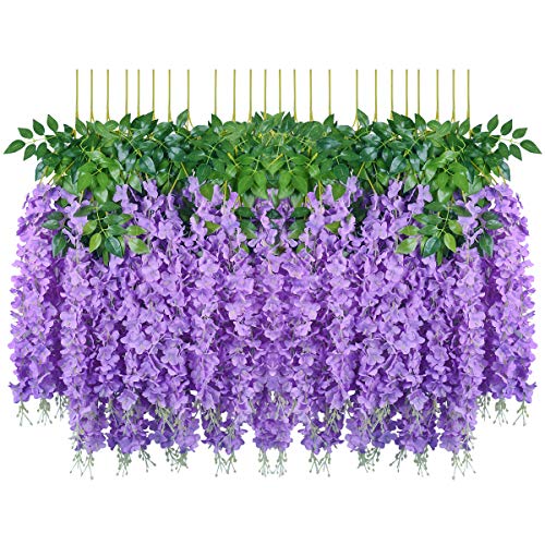 Product Cover Pauwer 24 Pack (86.6 FT) Artificial Wisteria Vine Ratta Fake Wisteria Hanging Garland Silk Long Hanging Bush Flowers String Wedding Home Party Decor (Purple)