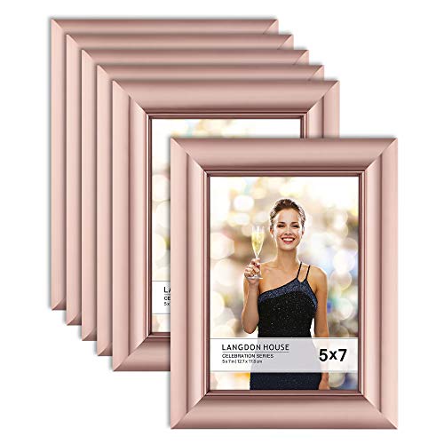 Product Cover Langdon House 5x7 Picture Frame (6 Pack, Rose Gold), Rose Gold Photo Frame 5 x 7, Wall Mount or Table Top, Set of 6 Celebration Collection